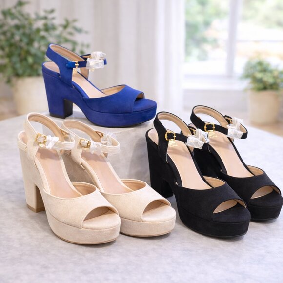 Open Toe Platform Heels | NEW | Royal Blue, Cream & Black | Chunky Heel - Picture 3 of 10